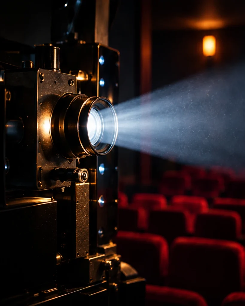 Imagem ilustrativa de um projetor de cinema emitindo um feixe de luz em uma sala escura.