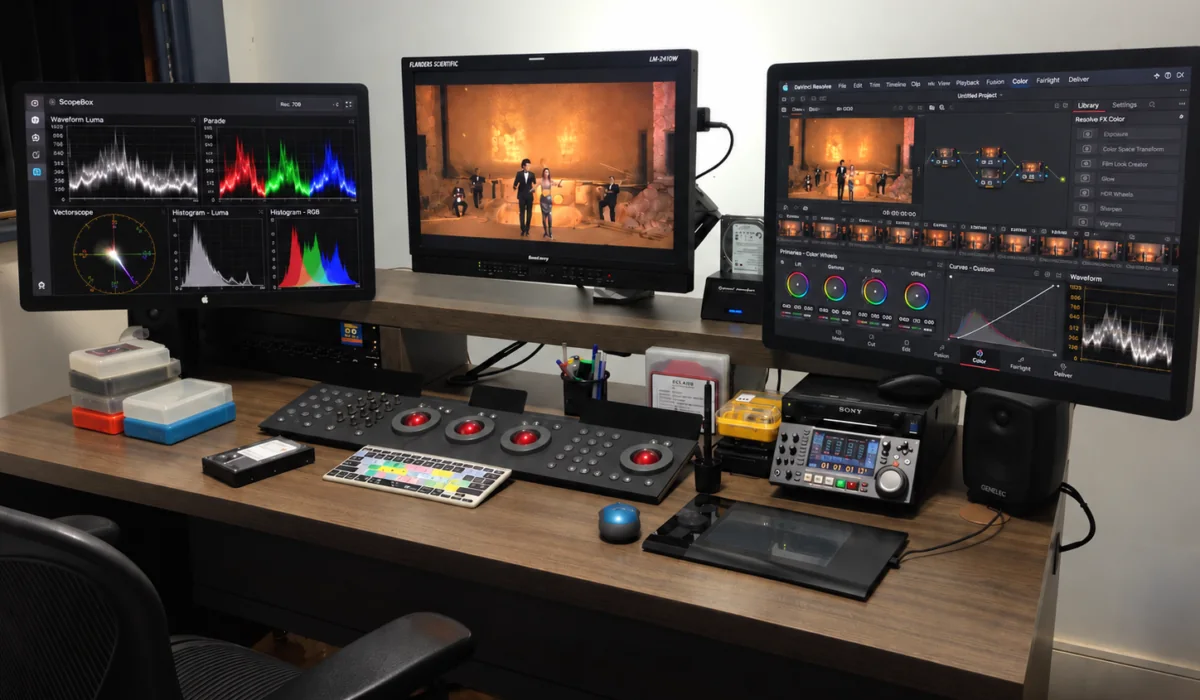 Estúdio de color grading de Elieser Jairo, com monitores e painel de correção de cor.